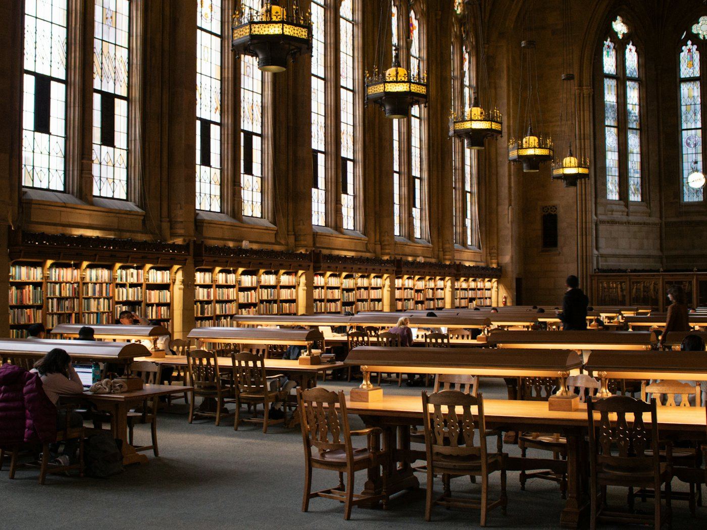 A quiet reading room in a historic library